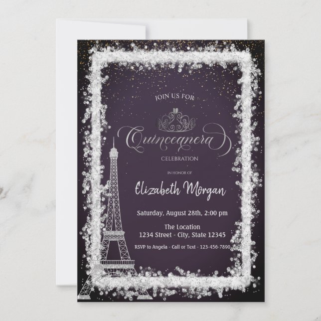 Convites Silver Frame Eiffel Tower Dark Purple Quinceanera (Frente)