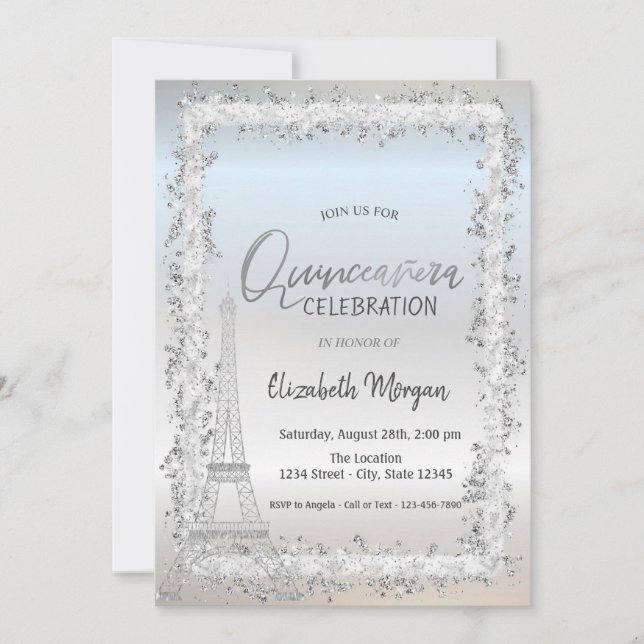 Convites Silver Frame Eiffel Tower Silver Quinceanera (Frente)