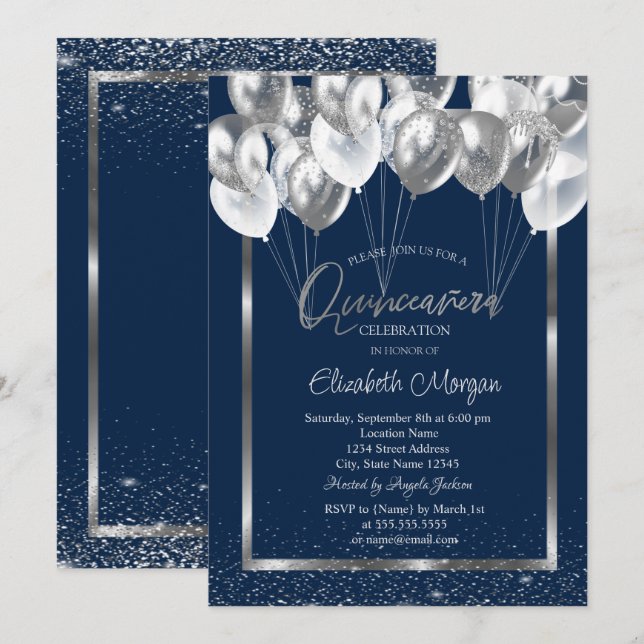 Convites Silver Frame Marinho Confetti Balloons Quinceañera (Frente/Verso)
