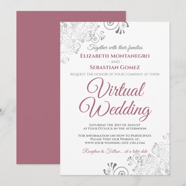 Convites Silver Frills Dusty Rosa e Casamento Virtual Branc (Frente/Verso)