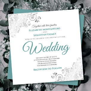 Convites Silver Frills Elegante Teal & White Square Casamen