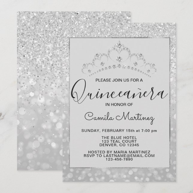 Convites Silver Girly Glitter Sparkle Quinceanera (Frente/Verso)