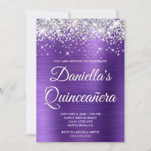 Convites Silver Glitter Ametist Foil Quinceañera