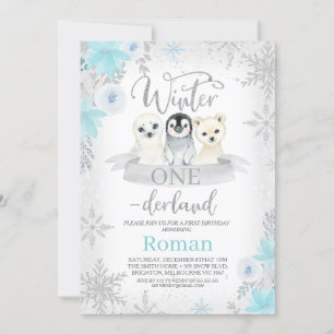Convites Silver Glitter Animais de Inverno Onederland Anive
