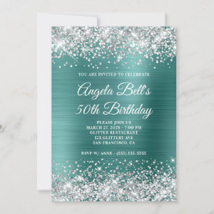 Convites Silver Glitter Aqua Teal Foil 50º Aniversário