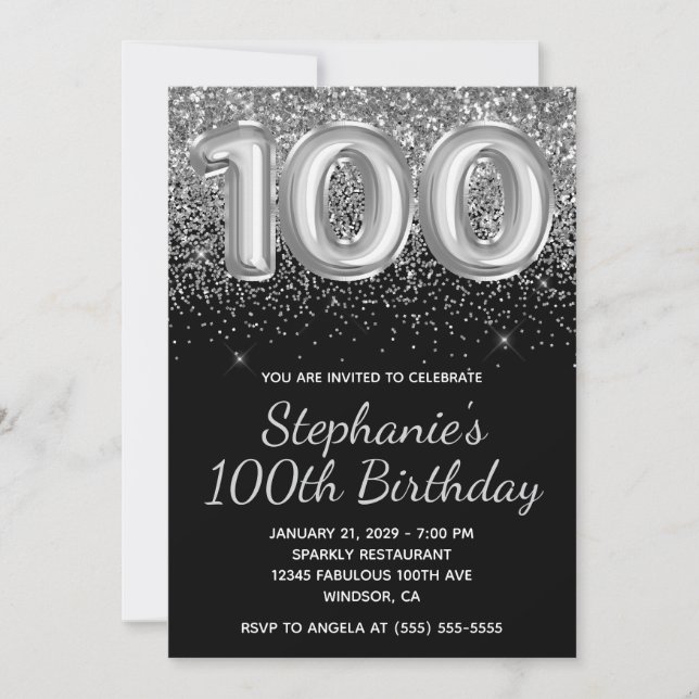 Convites Silver Glitter Black 100th Birthday (Frente)