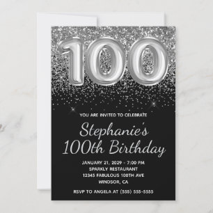 Convites Silver Glitter Black 100th Birthday