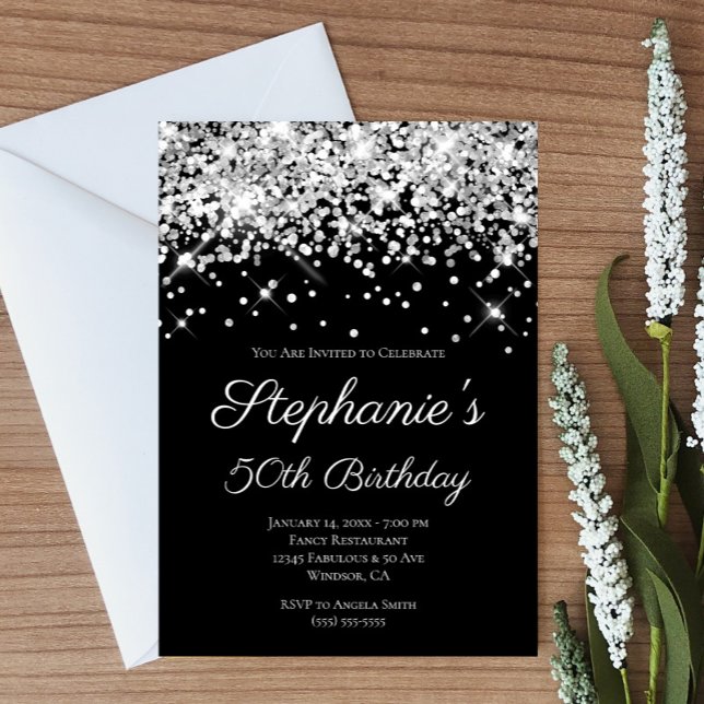 Convites Silver Glitter Black Elegant 50º aniversário (Create your own silvery faux glitter and black birthday invitatoin.)