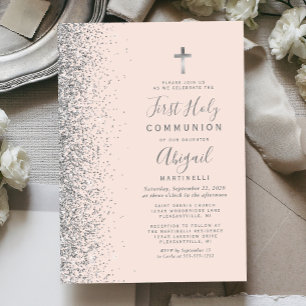 Convites Silver Glitter Blush Rosa Primeira Comunhão Sagrad