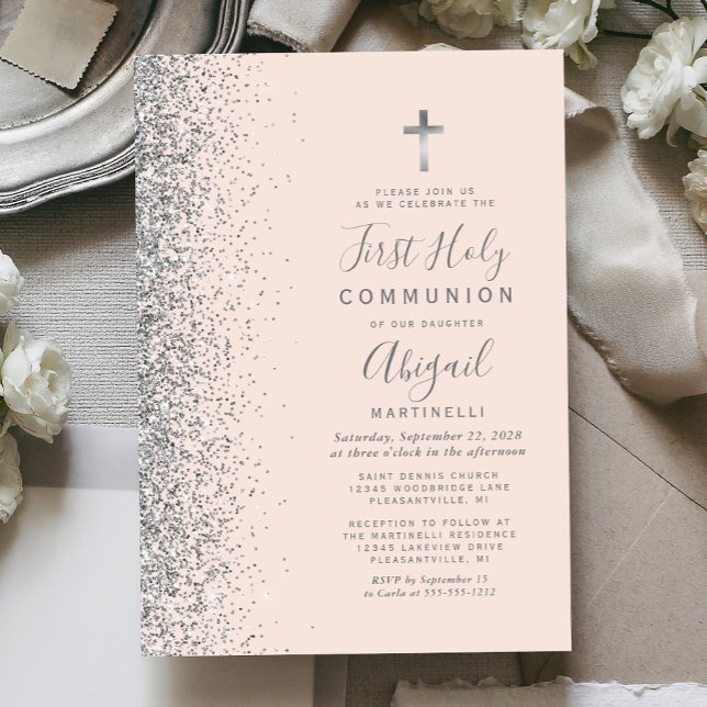 Convites Silver Glitter Blush Rosa Primeira Comunhão Sagrad (Criador carregado)