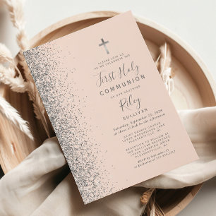 Convites Silver Glitter Blush Rosa Primeira Comunhão Sagrad