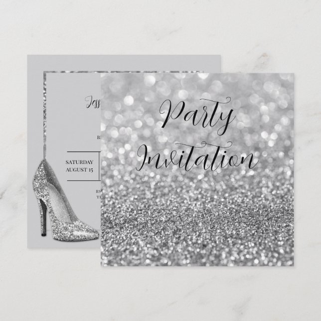 Convites Silver Glitter Bokeh e Stilettos Aniversário (Frente/Verso)