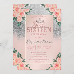 Convites Silver Glitter Bokeh, Tiara Floral Sweet 16 Partid