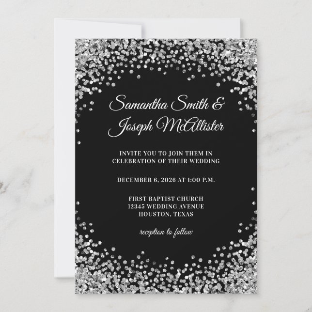 Convites Silver Glitter Border Black Wedding (Frente)