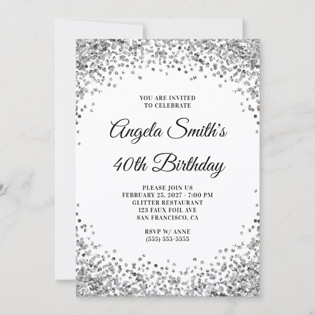 Convites Silver Glitter Border White 40th Birthday (Frente)