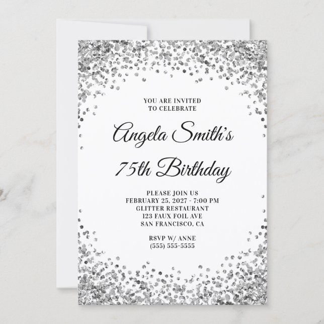 Convites Silver Glitter Border White 75th Birthday (Frente)