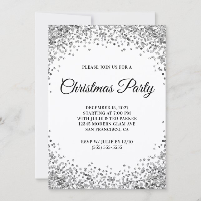 Convites Silver Glitter Border White Christmas Party (Frente)