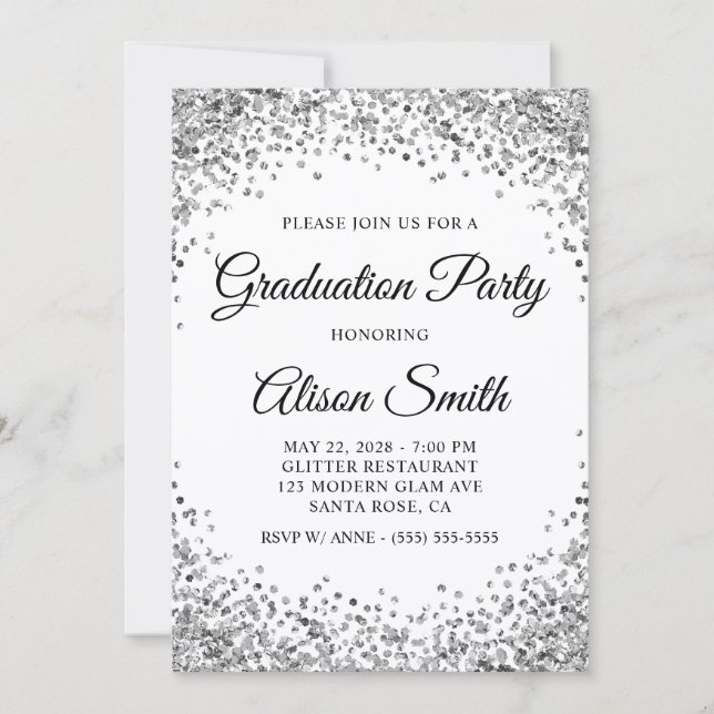 Convites Silver Glitter Border White Graduation Party (Frente)