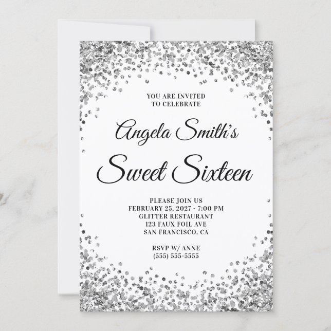 Convites Silver Glitter Border White Sweet Sixteen (Frente)
