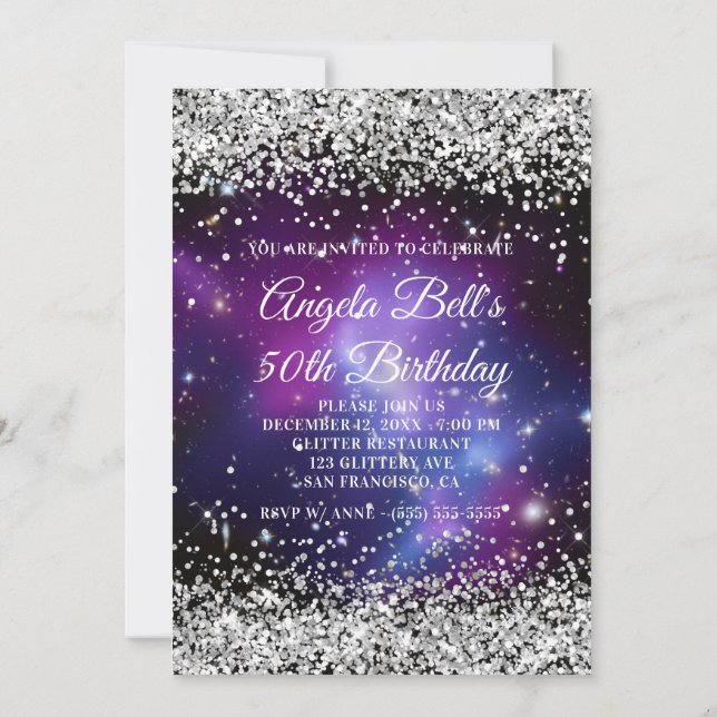 Convites Silver Glitter Celestial Purple 50º Aniversário (Verso)