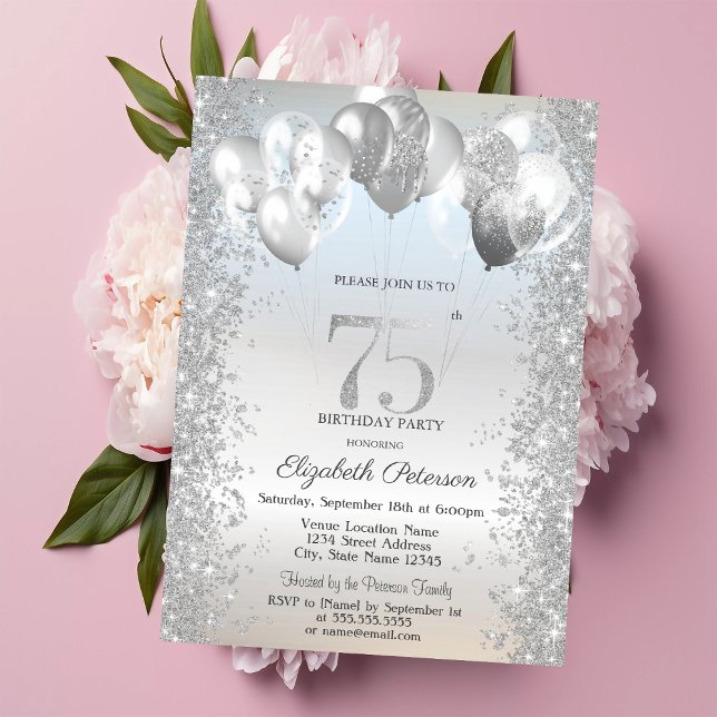 Convites Silver Glitter Confetti Balões 75.o Aniversário (Criador carregado)