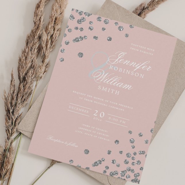 Convites Silver Glitter Confetti Blush De Casamento Elegant (Elegant Wedding Silver Glitter Confetti Blush Invitation)