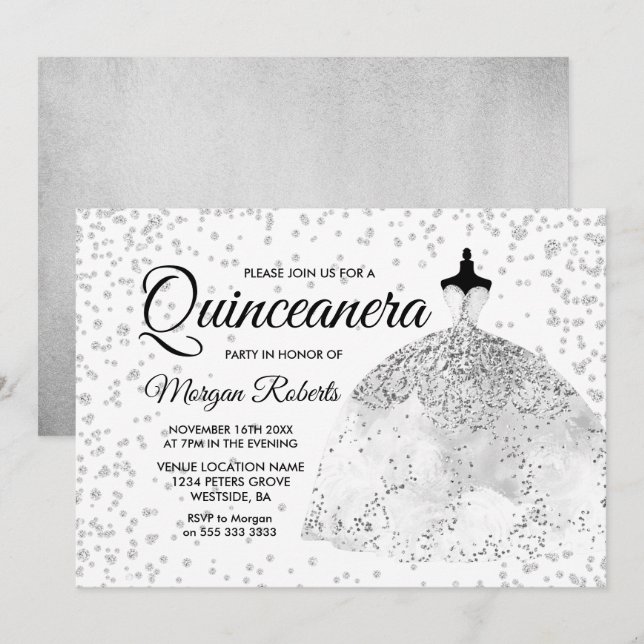 Convites Silver Glitter Confetti Vestir Quinceanera Convide (Frente/Verso)