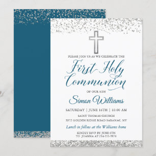 Convites Silver Glitter Cross Script First Holy Communes