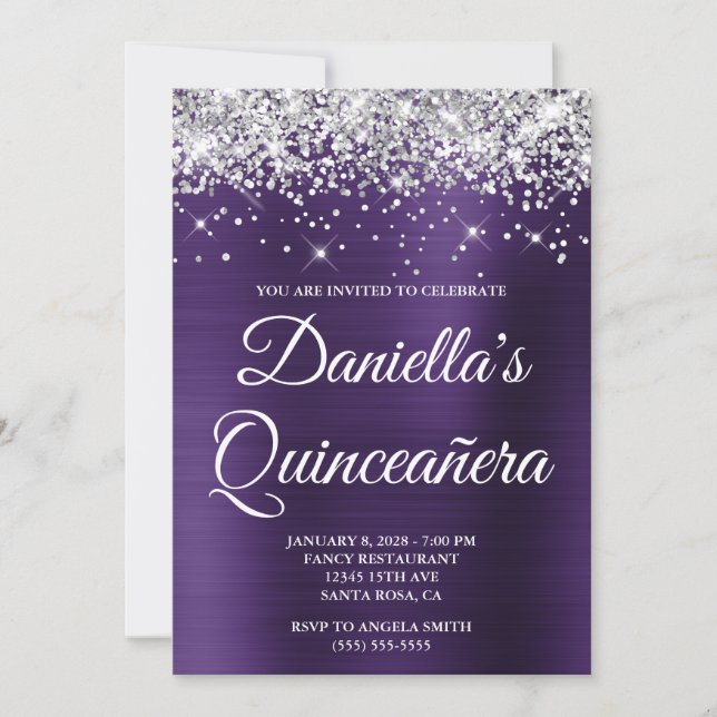 Convites Silver Glitter Dardo Foil Violeta Quinceañera (Frente)