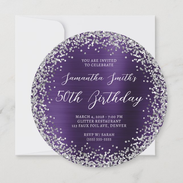 Convites Silver Glitter Dark Violet Foil 50º Aniversário (Frente)