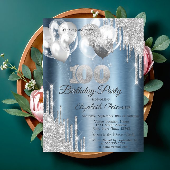 Convites Silver Glitter Drips Balloons Blue Metallic 100th  (Criador carregado)