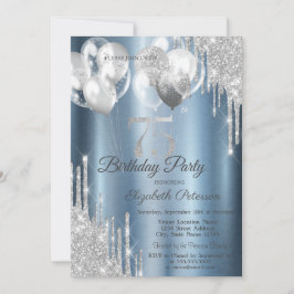 Convites Silver Glitter Drips Balloons Blue Metallic 75th 
