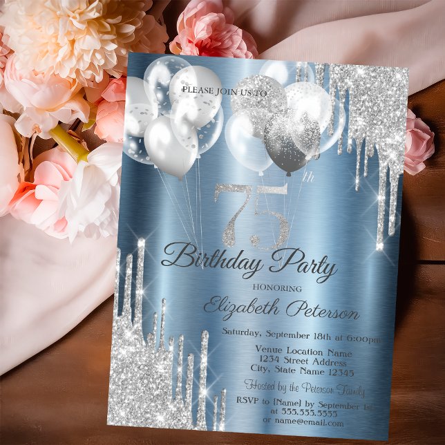 Convites Silver Glitter Drips Balloons Blue Metallic 75th  (Criador carregado)