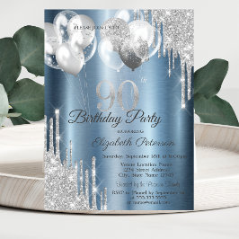 Convites Silver Glitter Drips Balloons Blue Metallic 90th 