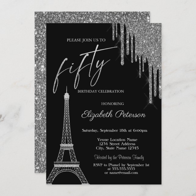 Convites Silver Glitter Drips, Eiffel Tower 50t Birthday  (Frente/Verso)