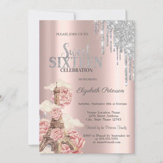 Convites Silver Glitter Drips,Eiffel Tower Peonies Sweet 16 (Frente)