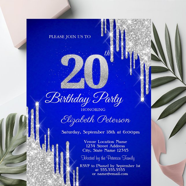 Convites Silver Glitter Drips Royal Blue 20th Birthday  (Criador carregado)