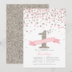 Convites Silver Glitter e Pink Sprinkles Modernos Aniversár