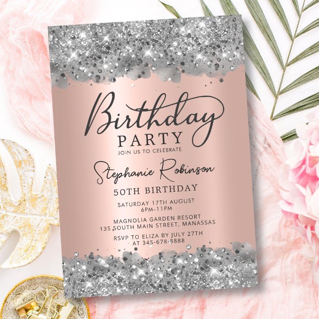 Convites Silver Glitter e Rosa Gold Foil 50º Aniversário (Criador carregado)