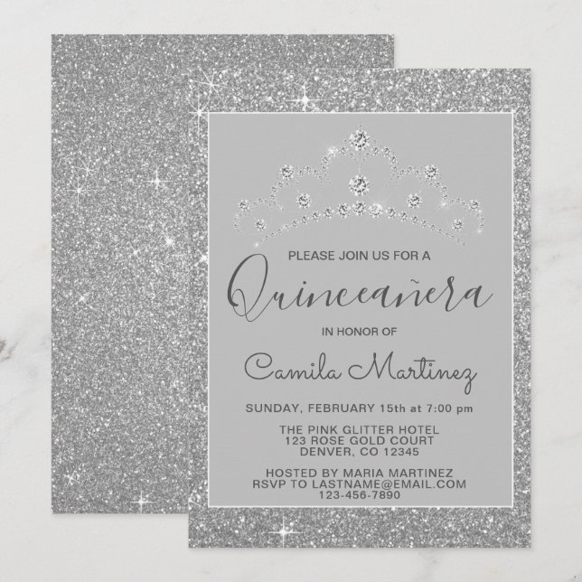 Convites Silver Glitter e Sparkle Quinceanera (Frente/Verso)