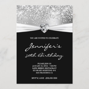 Convites Silver Glitter Foil Gem Heart 50th Birthday