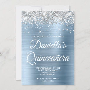 Convites Silver Glitter Folha Azul Claro Quinceañera