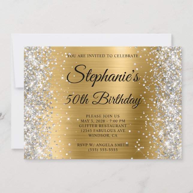 Convites Silver Glitter Gold Foil Monograma 50º Aniversário (Frente)