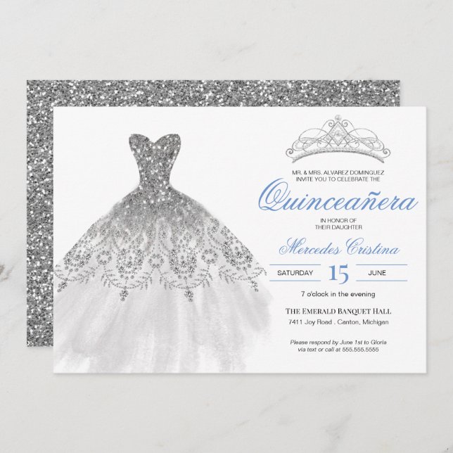 Convites Silver Glitter Gown Elegante Quinceañera (Frente/Verso)