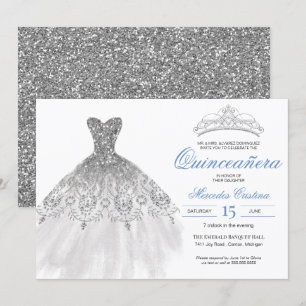 Convites Silver Glitter Gown Elegante Quinceañera