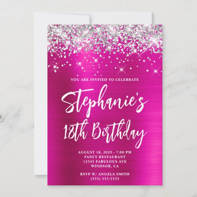Convites Silver Glitter Hot Pink Foil Bold 18th Birthday (Frente)