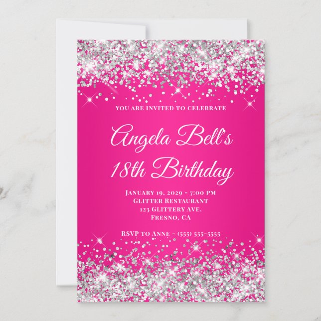 Convites Silver Glitter Hot Pink Ombre 18th Birthday (Frente)