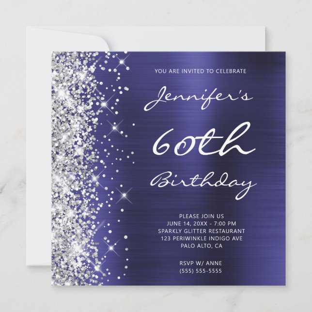 Convites Silver Glitter Indigo Blue Foil 60º Aniversário (Frente)