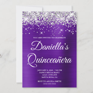 Convites Silver Glitter Indigo Roxo Foil Quinceañera