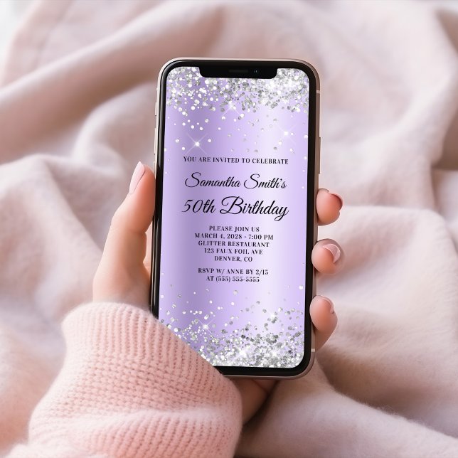 Convites Silver Glitter Lavanda Satin 50º Aniversário (Silver Glitter Lavender Satin 50th Birthday Invitation)